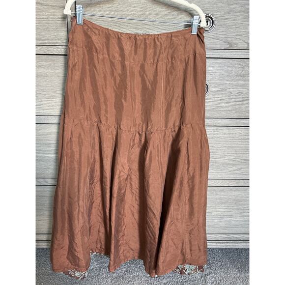Peruvian Connection | Brown/Green 100% Silk Flared A Line Midi Skirt | 12 - Picture 11 of 12